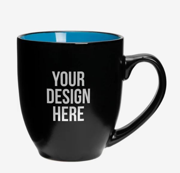 A photo of a black bistro mug with a blue inside and with YOUR DESIGN HERE printed on it.