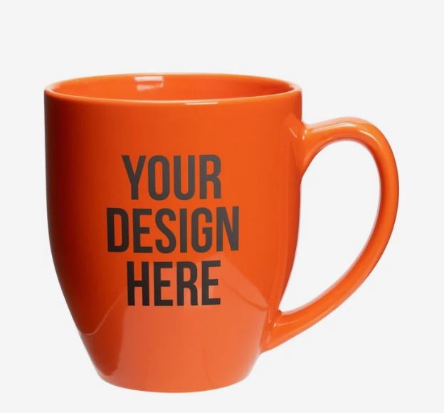 A photo of an orange bistro mug with YOUR DESIGN HERE printed on it.