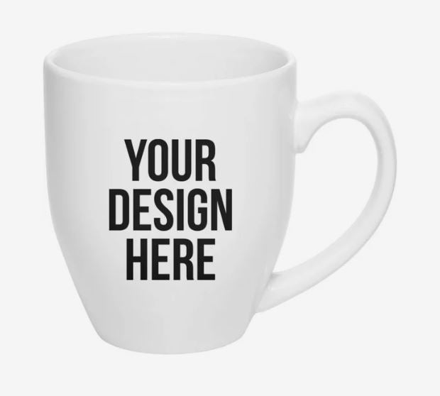 A photo of a white bistro mug with YOUR DESIGN HERE printed on it.