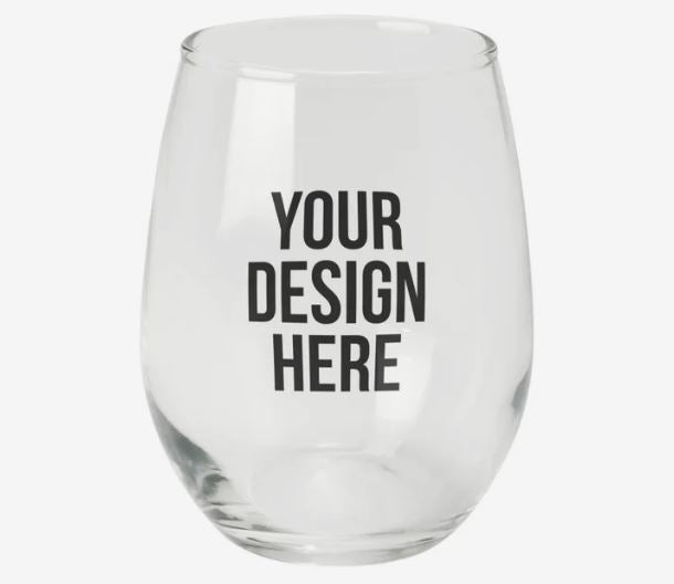 A photo of a curved glass with YOUR DESIGN HERE printed on it.