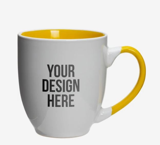 A photo of a curved white mug with a yellow inside and with YOUR DESIGN HERE printed on it.