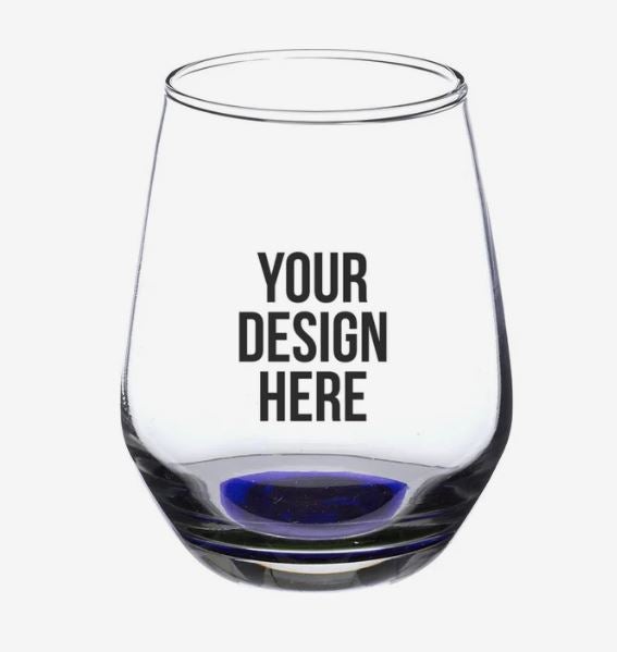 A photo of a curved glass with a black bottom and with YOUR DESIGN HERE printed on it.
