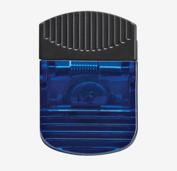 A photo of a transparent blue plastic clip.