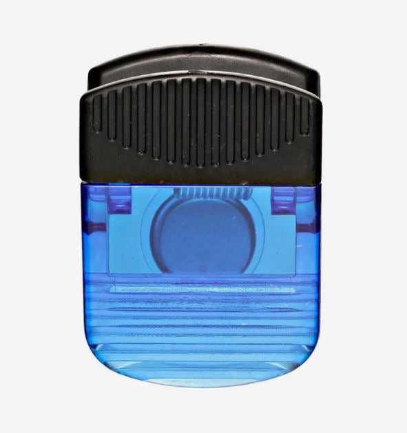 A photo of a transparent plastic blue clip.