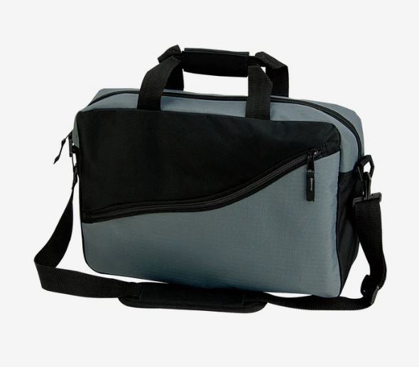 A photo of a grey and black laptop bag, with short handles and a long black strap.