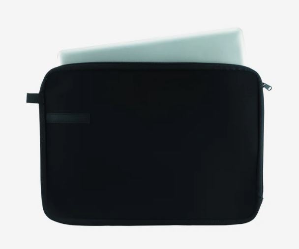 A photo of a black scuba foam laptop sleeve with a transparent folder coming out of it.