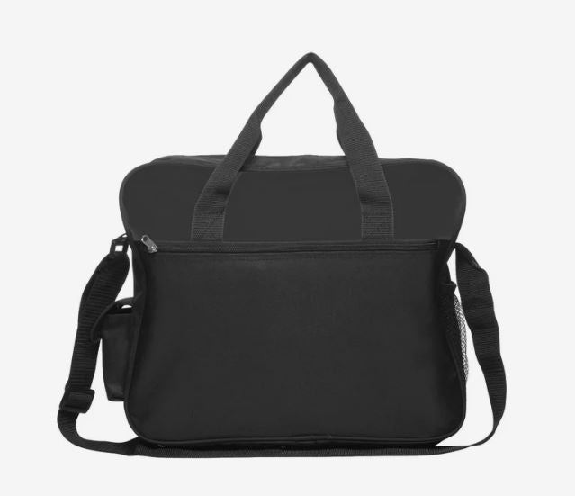 A photo of a black laptop bag with short handles and a long black strap.