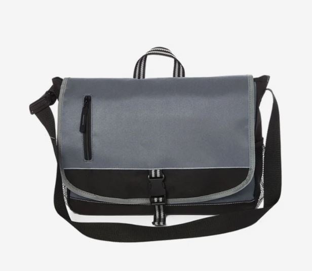 A photo of a grey and black laptop bag, with short handles and a long black strap.