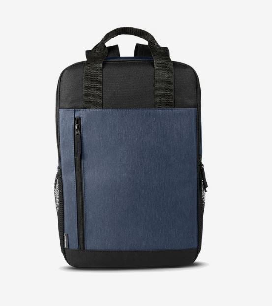 A blue and black backpack for laptops with a short black handle on the top and a black zipper on the front.