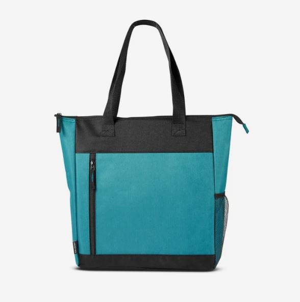 A photo of a turquoise tote bag with a black handle and black bottom.