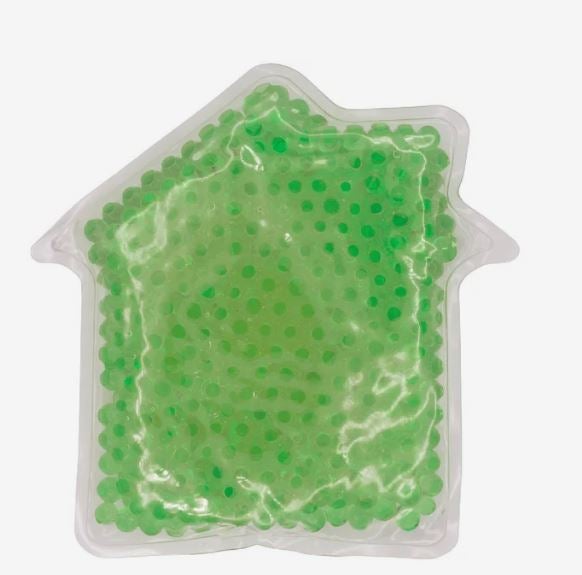 A photo of a house-shaped gel bead hot/cold pack.