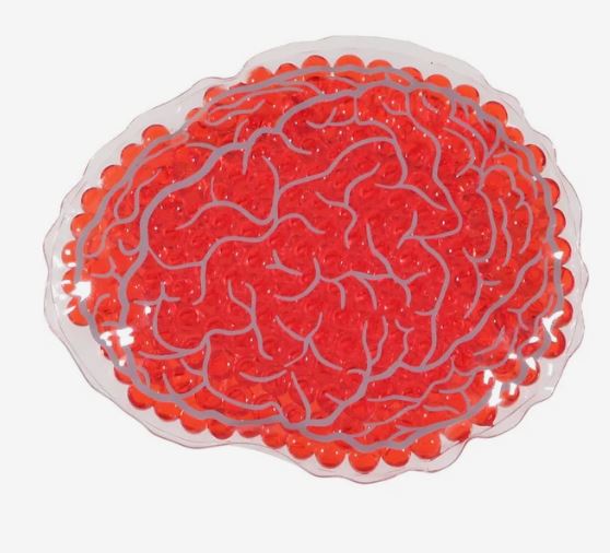 A photo of a red brain-shaped gel bead hot/cold pack.