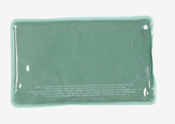 A photo of a green rectangle plush hot/cold pack.