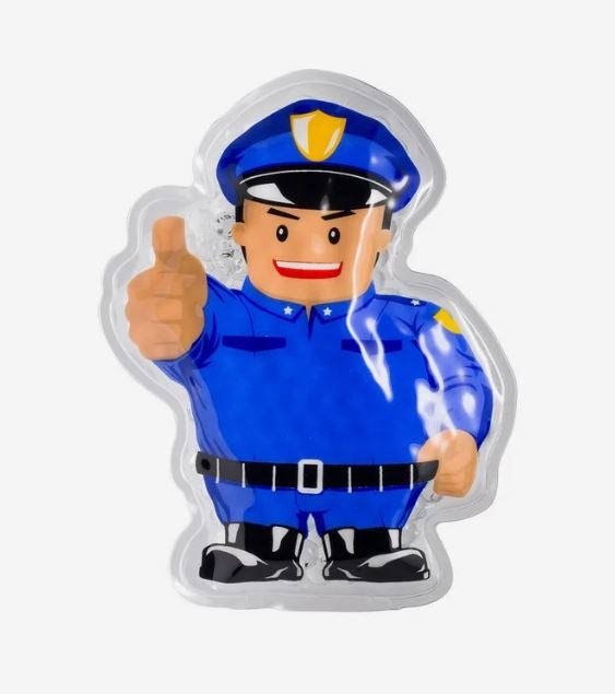 A photo of a hot/cold pack shaped and decorated like a police officer giving a thumbs up.