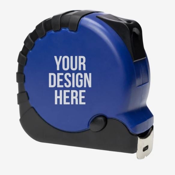 A photo of a blue and black metal tape measure with YOUR DESIGN HERE printed in white on the side.