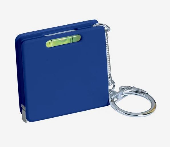 A photo of a blue plastic keychain tape measure with a spirit level.