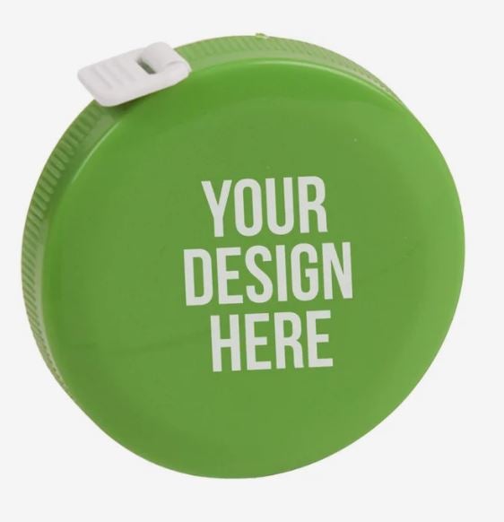 A photo of a green plastic tape measure with YOUR DESIGN HERE printed in white on the side.