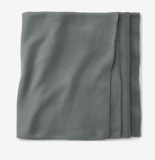 A photo of a folded grey fleece blanket.