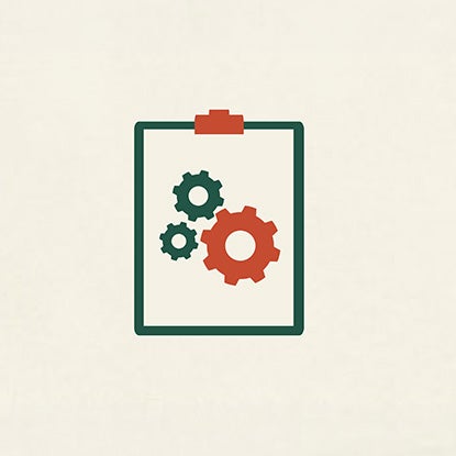 An illustration of a clipboard with cogs on it.