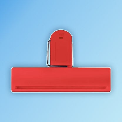 A photo of a wide red plastic bag clip.
