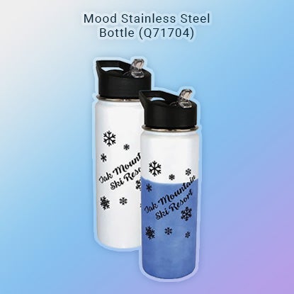 A photo showing a white water bottle changing to blue when activated by cold.