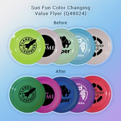 A collage showing frisbees changing color under UV light.