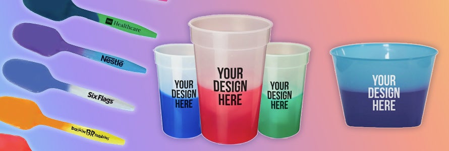 A collage showing spoons, cups, and a bowl that change color in cold environments. The spoons are printed with logos, and the cups and bowl are printed with YOUR DESIGN HERE.