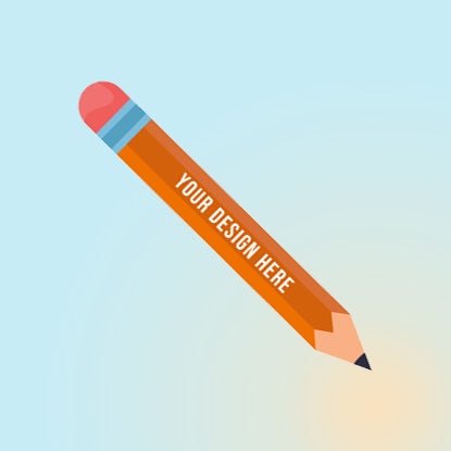 An illustration of an orange pencil with a pink eraser on the end, and YOUR DESIGN HERE printed in white along the body.