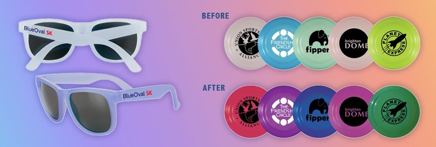 A collage showing sunglasses and frisbees changing color under UV light.
