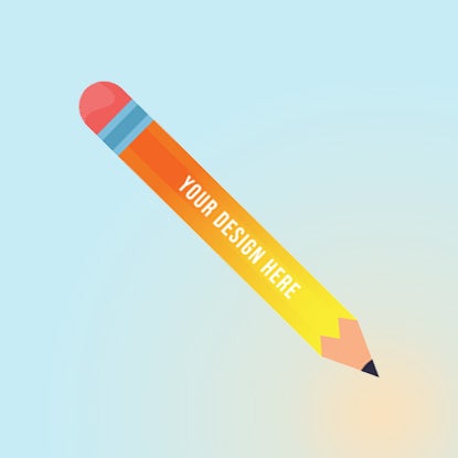 An illustration of a yellow pencil with a pink eraser on the end, and YOUR DESIGN HERE printed in white along the body.