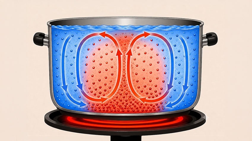 An illustration showing how hot atoms transfer heat to cooler atoms through convection in a pot boiling on a stove.