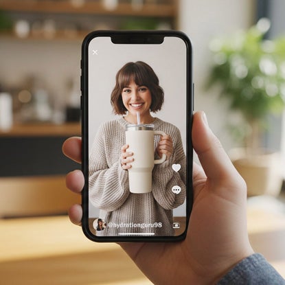 A photo of someone holding a phone up. On the screen is a picture of a woman holding a giant white water bottle with a huge handle, and smiling.
