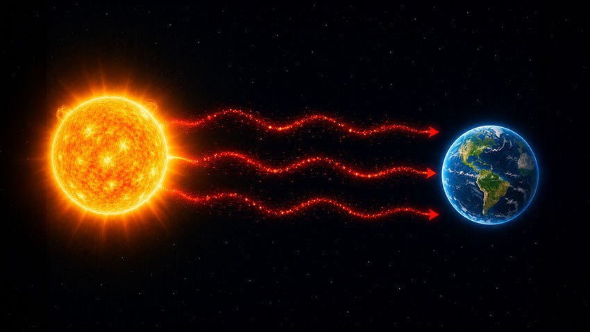An illustration showing how hot atoms transfer heat through radiation.