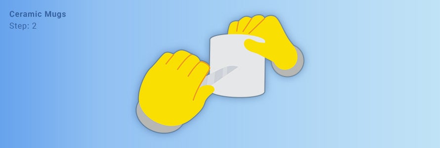 An illustration showing someone using a knife to smooth out the rough bits on a newly molded ceramic mug.