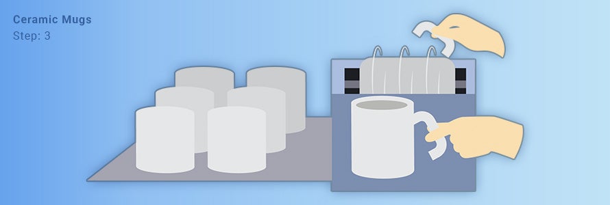 An illustration showing clay tubes lined up next to each other, beside a clay wheel. Someone is dipping a c-shaped piece of clay onto the wet clay, then pressing it onto one of the clay tubes to make the mug handle.