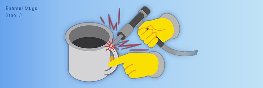 An illustration showing how the metal handle is welded onto the mug.