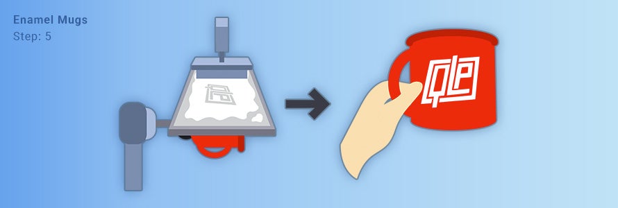 An illustration showing a bright red mug being screen printed with the QLP logo in white.