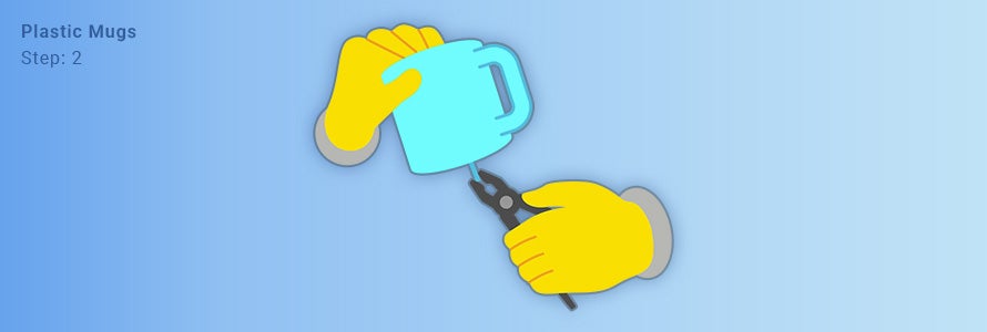 An illustration showing excess plastic being cut off the turquoise-colored mug.