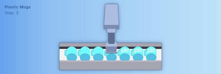 An illustration showing a turquoise mug being pad printed with the QLP logo in white.