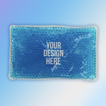 A photo of a blue rectangular hot/cold pack with YOUR DESIGN HERE on the front in white.