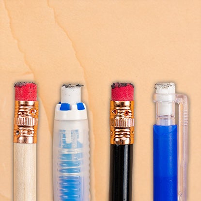 A collage showing close-up photos of four visibly used erasers. Three are on the ends of pencils, one is the end of a mechanical eraser that is pushed through a plastic tube.