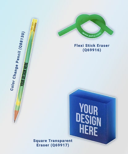A photo collage showing a green plastic tube eraser, a blue square eraser, and a color-changing pencil with a yellow eraser on the end.