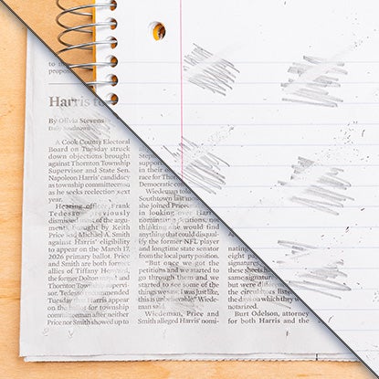 A collage showing a corner of notebook paper set against a corner of newspaper. Both have small pencil scribbles with eraser marks on them. The eraser marks are cleaner on the notebook paper.