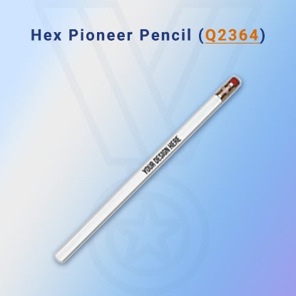 A photo of a white pencil with a gold end and a pink eraser, and YOUR DESIGN HERE printed in black on the side.