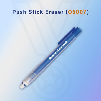 A photo of a blue plastic tube with a white eraser core, and Student of the Week printed in white on the side.