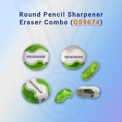 A photo showing different angles of a green pencil sharpener that has an attached white eraser.