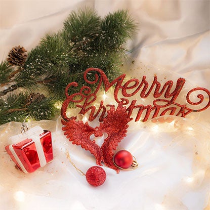 A photo showing a toy present, a branch of fir, and a Merry Christmas sign, on a white sheet.
