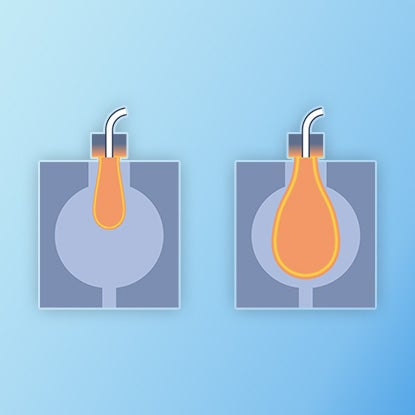 An illustration showing how a glass parison drips slowly into a mold, forming a hollow glass tube.