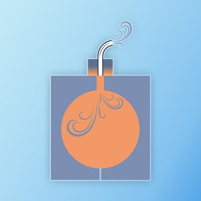 An illustration showing air being blown into a glass parison to inflate it into a round mold.