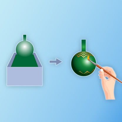 An illustration showing a glass ornament that’s been dipped in green paint, and then the ornament being hand-painted in gold.